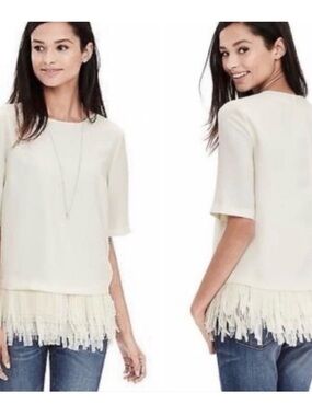NWOT Banana Republic Winter White Crepe Fringe Hem Top